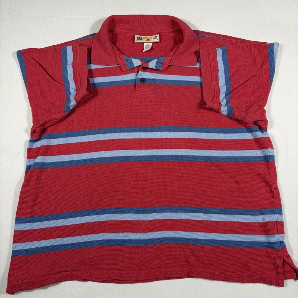 Caribbean Joe Polo Shirt Mens Medium Red Blue Striped Side Slit Golf Performance